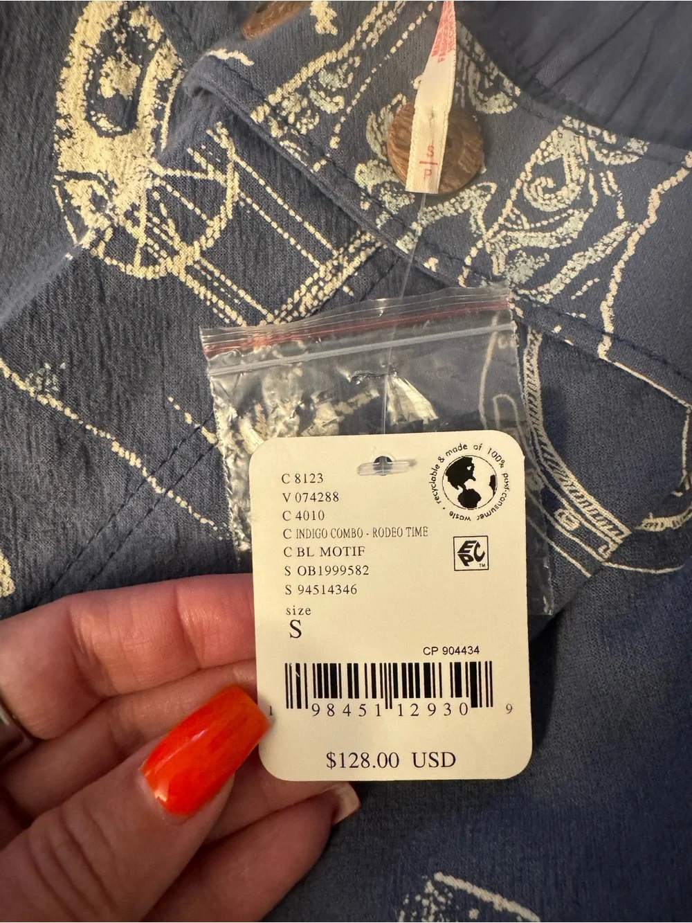 Free People Navy Pants with Cream Western Motif